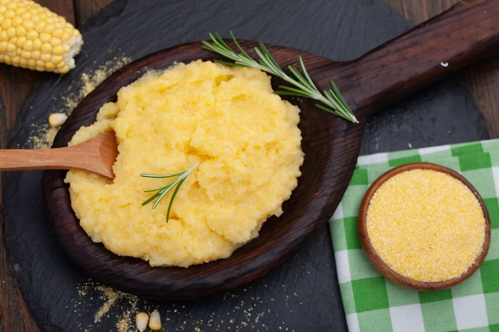 Cooked polenta can be served for breakfast, lunch, or dinner.