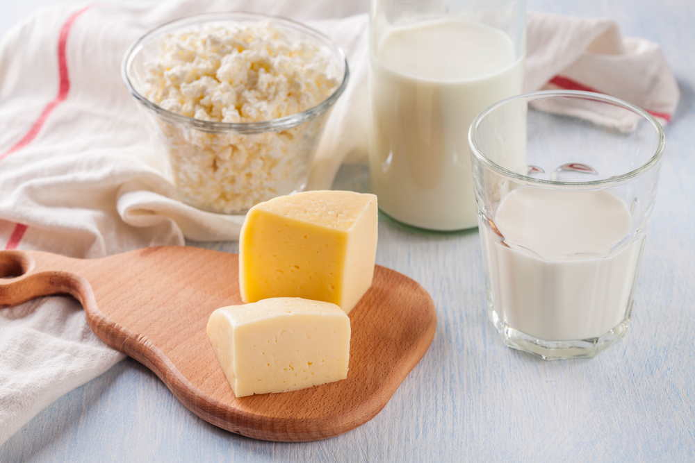 Diversi tipi di latticini freschi: formaggio fresco, formaggio, latte, panna e yogurt.