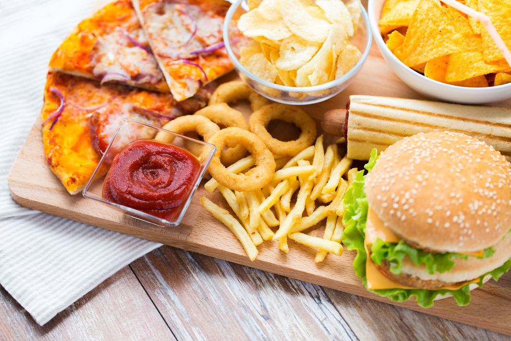 Unhealthy food – pizza, hamburger, fried food.